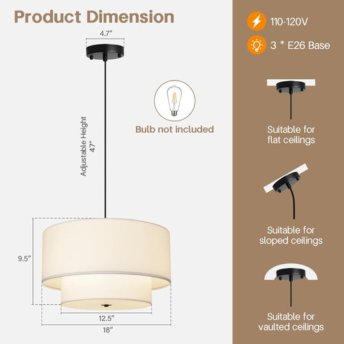 18" Drum Fabric Pendant Light, Large Modern Hanging Ceiling Chandelier Fixture with Dual Layer Fabric Shade, Ideal for Dining Room, Living Room, Bedroom, and Kitchen