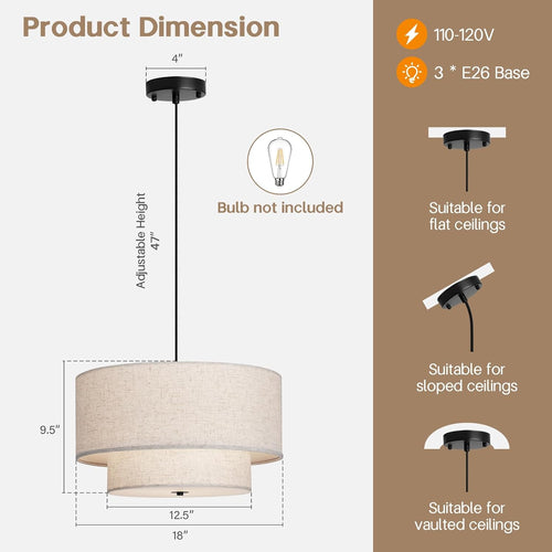18" Modern Double Drum Fabric Pendant Light, Large Hanging Ceiling Chandelier Fixture with Dual Layer Fabric Shade, Ideal for Dining Room, Living Room, Bedroom, and Kitchen