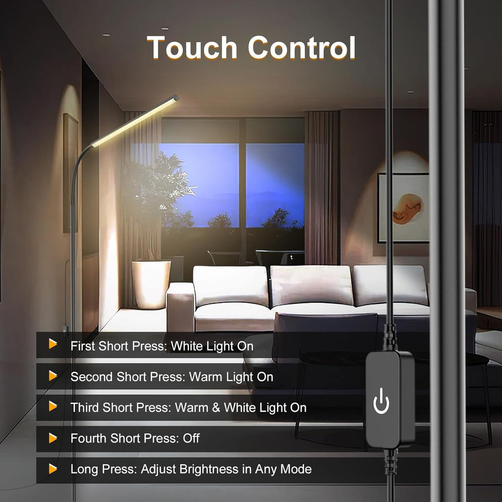 15W Floor Lamp with Touch Control Adjustable Brightness 3500K-7000K 360° Gooseneck LED Floor Lamps Eye-Caring Floor Lamp for Living Room, Bedroom & Office Stepless Dimming Standing Lamp