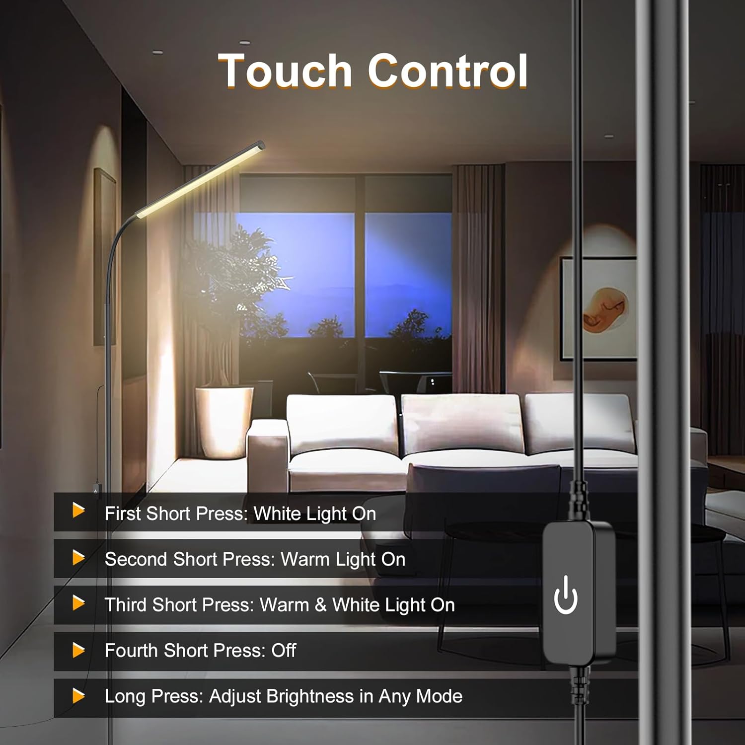 15W Floor Lamp with Touch Control Adjustable Brightness 3500K-7000K 360° Gooseneck LED Floor Lamps Eye-Caring Floor Lamp for Living Room, Bedroom & Office Stepless Dimming Standing Lamp