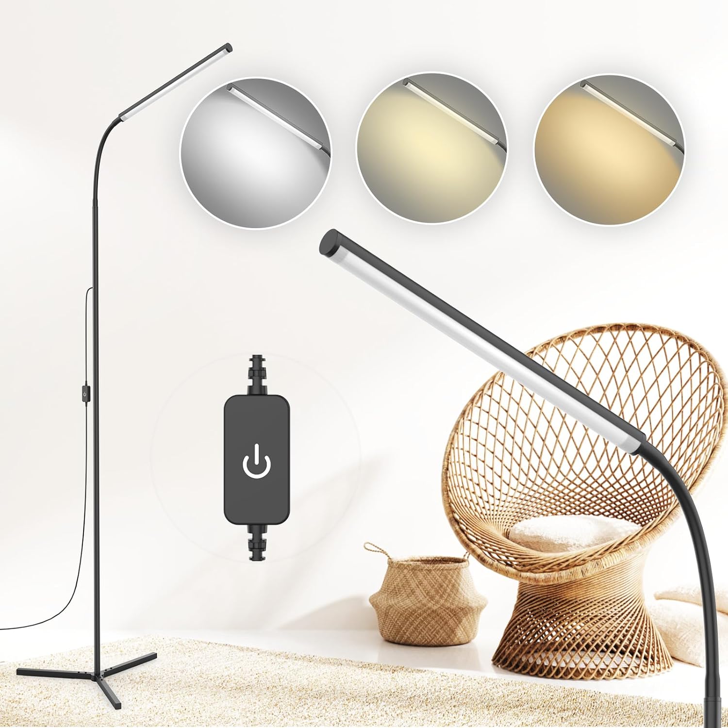 15W Floor Lamp with Touch Control Adjustable Brightness 3500K-7000K 360° Gooseneck LED Floor Lamps Eye-Caring Floor Lamp for Living Room, Bedroom & Office Stepless Dimming Standing Lamp