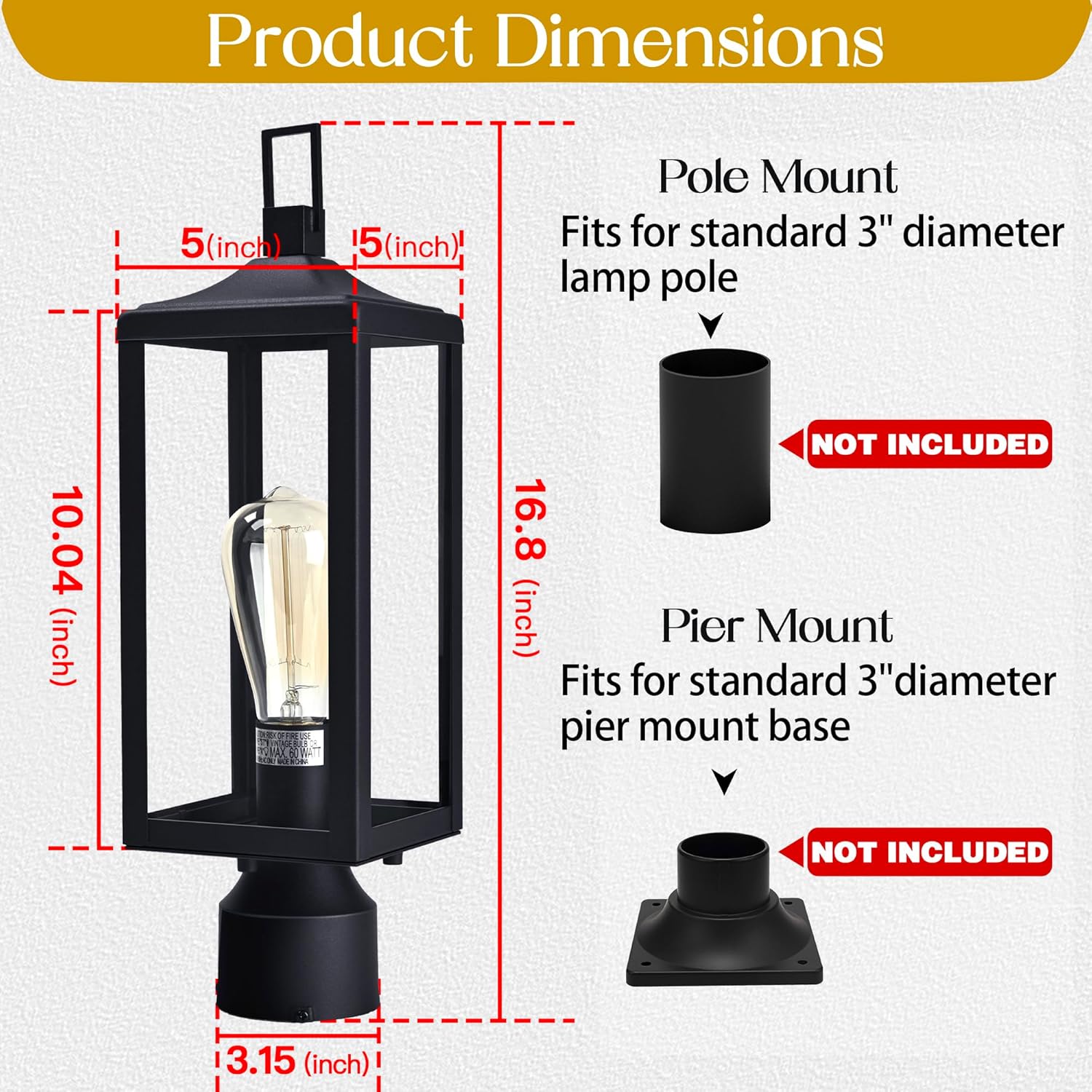 17 Inch Outdoor Lamp Post Light Fixture, Exterior Pillar Lights Post Sconce for Residential Sidewalk Pier Mount Outdoor Light, E26